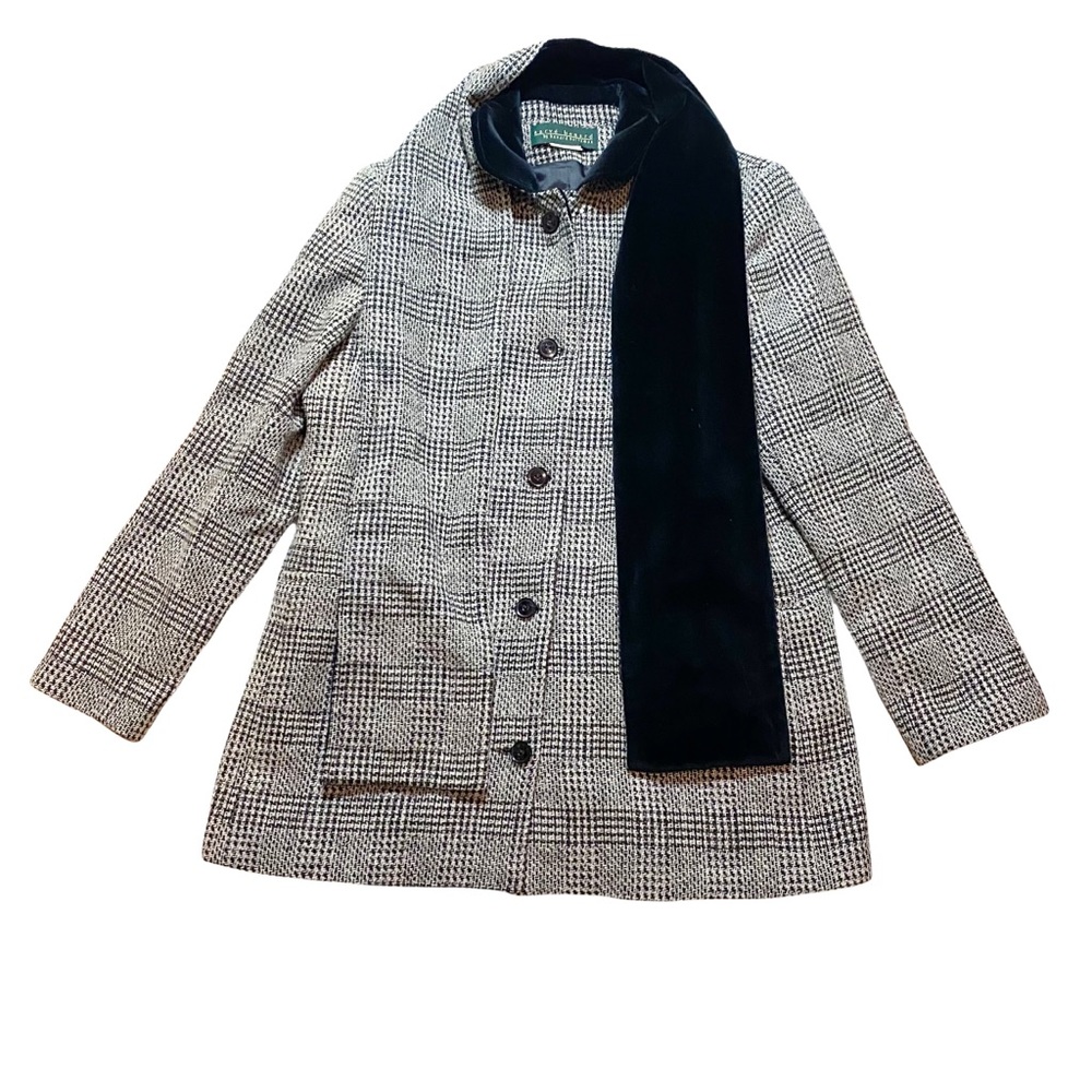 Vintage HARVE BENARD Black Plaid Blazer Wool Collar Matching Scarf Size 12 40679